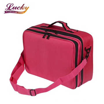 3 Layers Travel Makeup Bag Artist Makeup Bag With Shoulder Strap And Removable EVA Pink